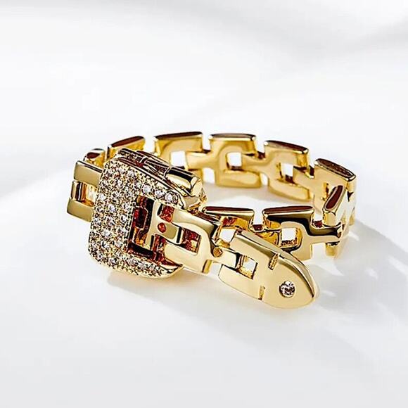 Gold Belt Buckle Bracelet Matching Ring Set, Zircon, Chain Link, Minimalist - Picture 11 of 13